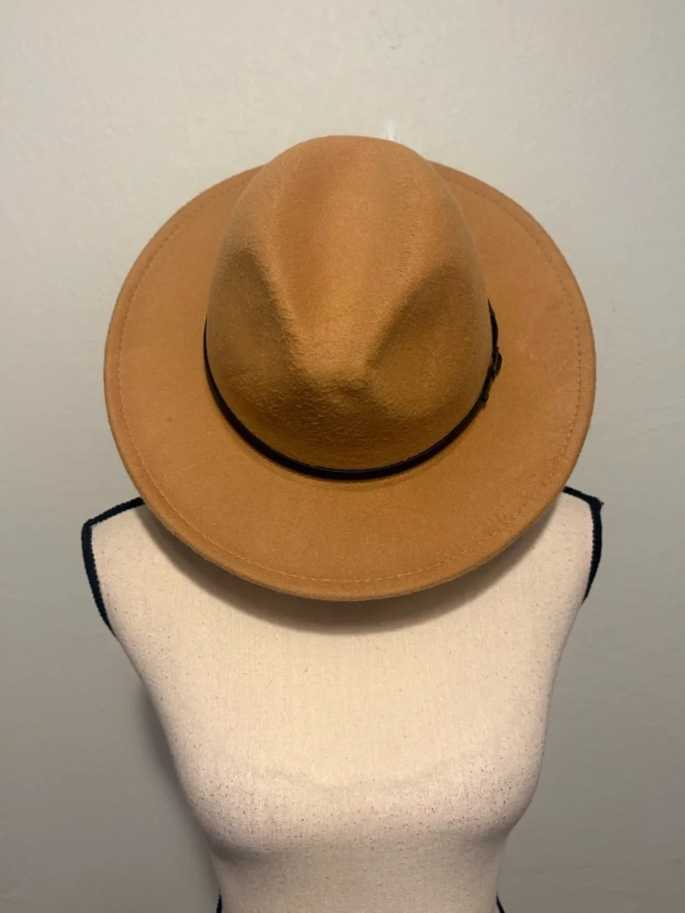 Camel Wide Brim Fedora Hat Tan Felt Panama Style with Buckle Belt Detail